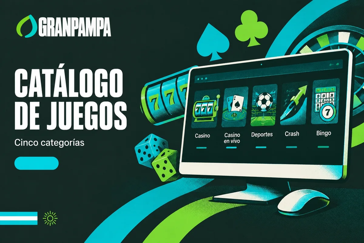 Pantalla con cinco categorías del catálogo de juegos