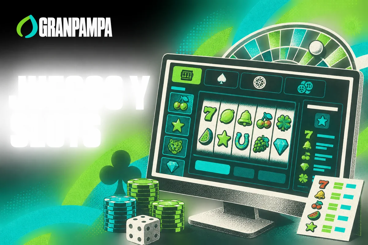 Monitor con tragamonedas, reglas abiertas y acceso al bingo.