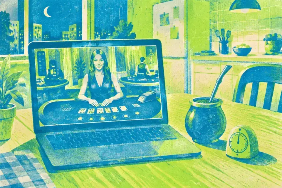 Mesa en vivo en una laptop junto a un mate y un temporizador